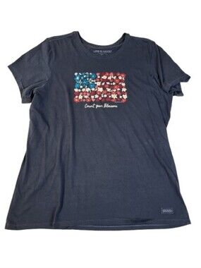 Life is Good Count Your Blossoms Crusher Vee TShirt Navy Floral Flag Patriotic